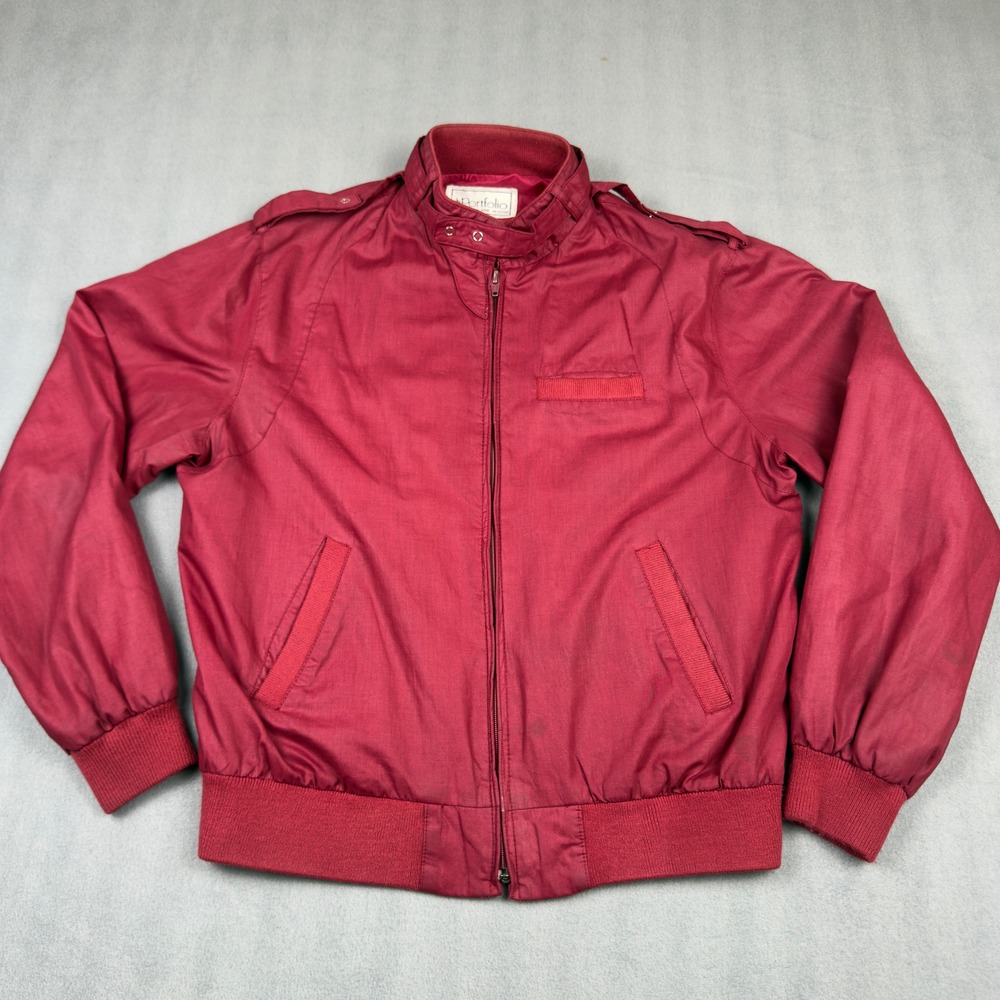Portfolio Vintage Mens Red Bomber Jacket Full Zip Epaulets Size Medium